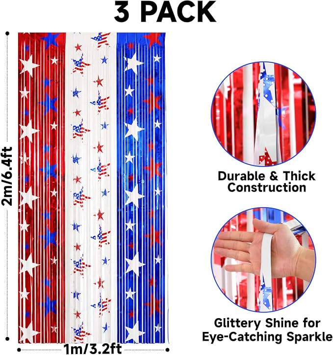jijAcraft Red White Blue Star Tinsel Foil Fringe Curtain, 3 Pack 3.2x6.5 Feet - Image 2