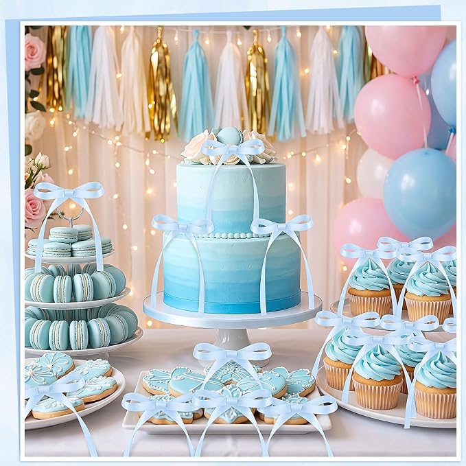 30 Pack Bow Cake Toppers Light Blue Ribbons Bows - Image 4