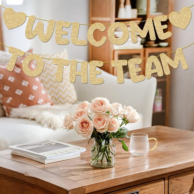 BLMHTWO Pre-Strung Welcome to The Team Banner, Champagne Gold Glitter Office - Image 4