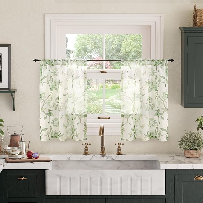 Sage Green Curtains Sheer 36 Inch Length 2 Panels Set, Short Semi Sheer Light by Lajode