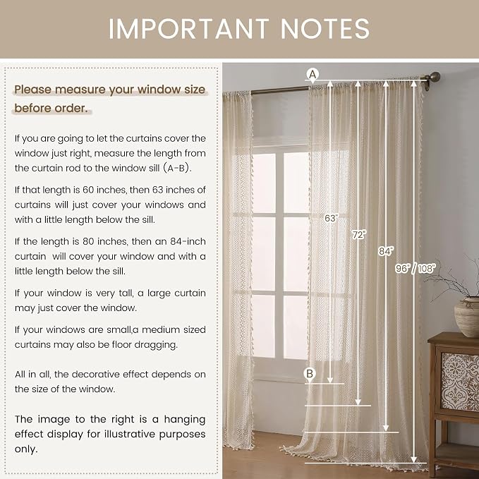 WAZZIO Boho Lace Curtains 63 Inches 2 Panel, Light Filtering Privacy Tassel & - Image 6