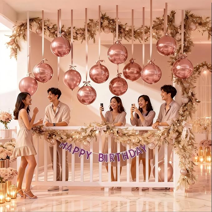 14 Pcs Rose Gold Round Foil Balloons 22/15/10 4D Ball Balloons Rose Metallic - Image 3