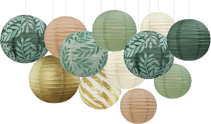 12PCS Sage Green Paper Lanterns Hanging Forest Party Decor | Sage Green and - Image 2