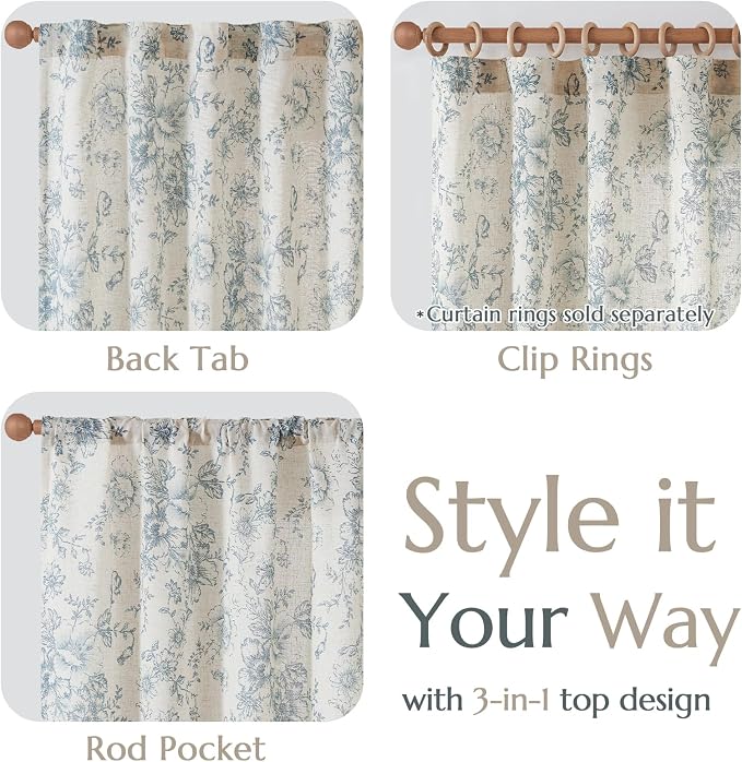 jinchan Blue Floral Linen Curtains 84 Inch Farmhouse Back Tab 2 Panels | Light - Image 9