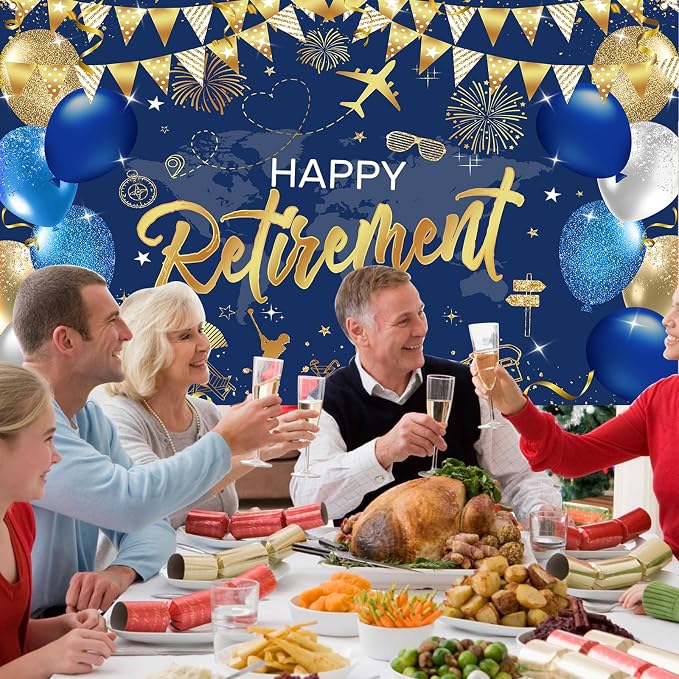 Mocsicka Happy Retirement Party Decorations Backdrop Banner 6x3.6ft | Blue Gold - Image 7