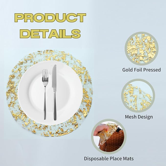 Snowkingdom 100 Pack Gold Disposable Placemats Foil Mesh 13 Inch Round Pressed - Image 3