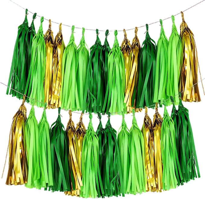 Green and Gold Tassel Garland Banner, 20 Pack Paper Tassels Streamers by SIPRKAICT