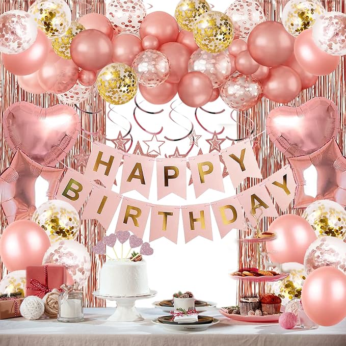 Rose Gold Birthday Party Decorations, Happy Birthday Banner, Rose Gold Fringe by HGH