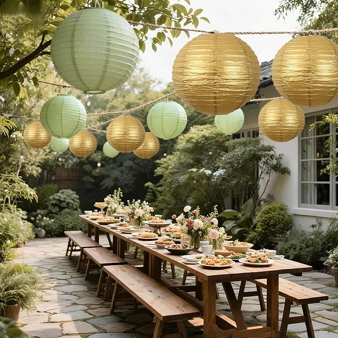 20Pcs Paper Lanterns Decorative, Sage Green and Gold 6"8"10" - Image 2