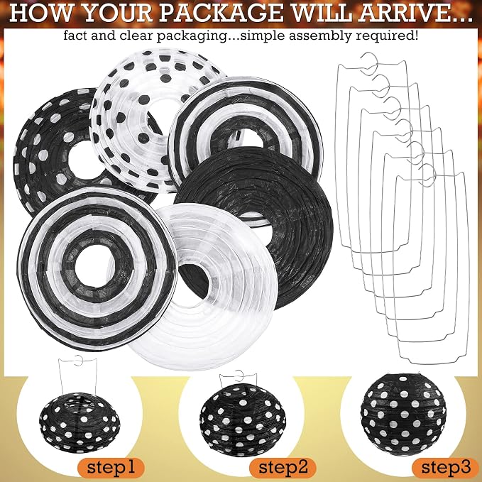 Treela 6 Pack Black and White Paper Lanterns Back to School 8" Round Hanging - Image 3