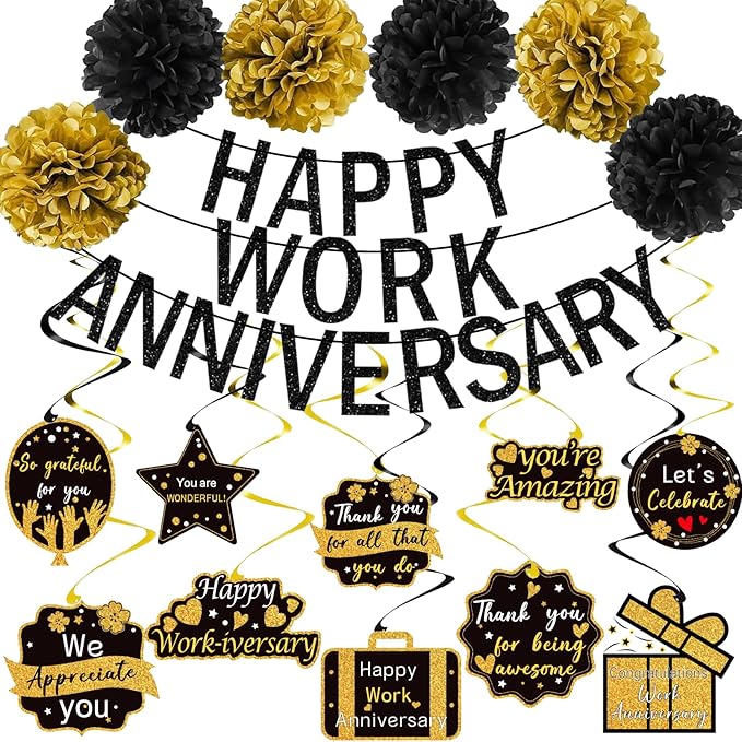 Happy Work Anniversary Decorations Black Gold, Happy Anniversary Banner by Tintisfafa