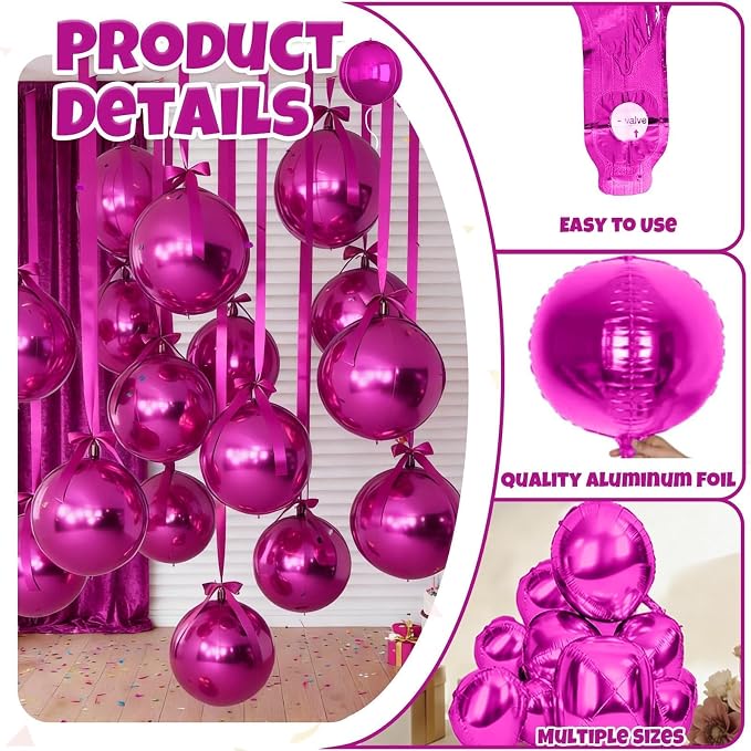 12Pcs Hot Pink Round Balloons Foil, Large Hot Pink Metallic Balloons - Image 4