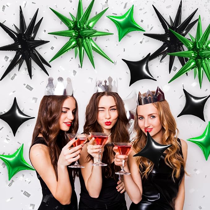 TONIFUL 22Inch 18Pcs Black Green Large Explosion Star Mylar Balloons and 10Inch - Image 3
