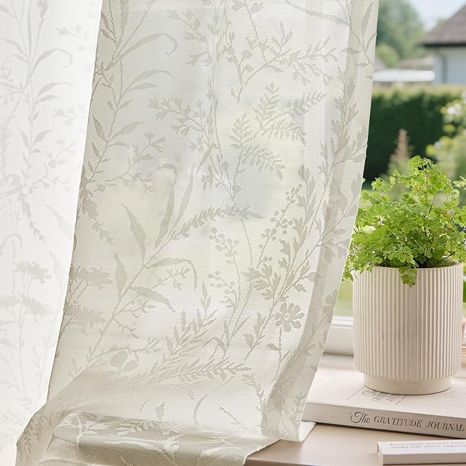 Anmao Beige Semi Sheer Light Filtering Extra Long Curtains 2 Panels, Leaf by Anmao