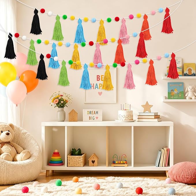 3 Pcs Rainbow Pom Pom Tassel Garland Banner - Image 5