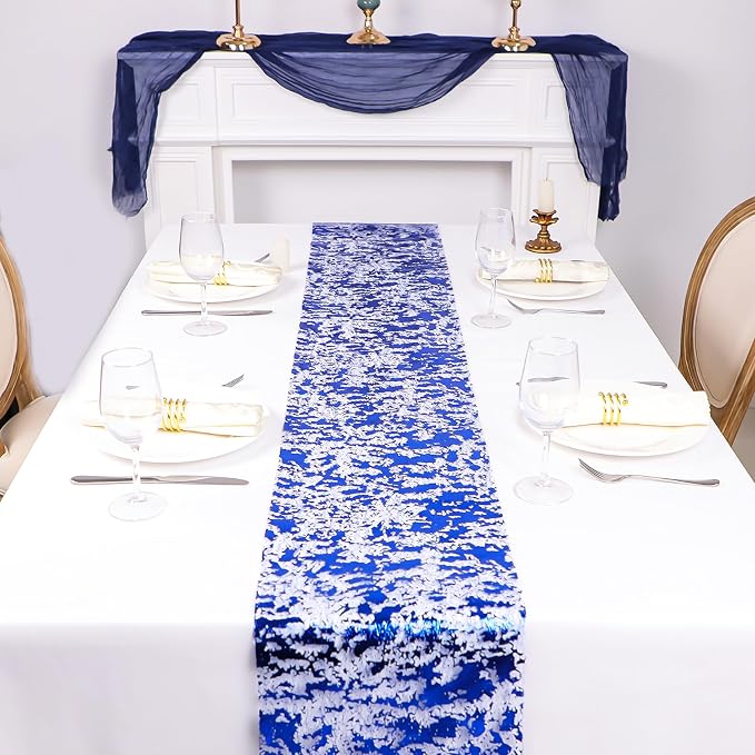 Snowkingdom Royal Blue Table Runner, Sequin Glitter Foil Metallic Thin Mesh - Image 7