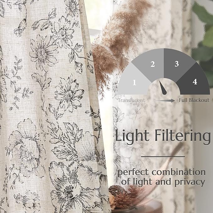 jinchan Black Floral Linen Curtains 45 Inch Vintage Back Tab 2 Panels | Light - Image 4