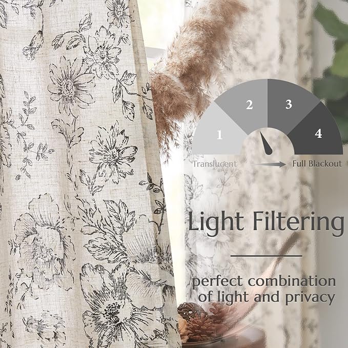 jinchan Black Floral Linen Curtains 84 Inch Farmhouse Back Tab 2 Panels | Light - Image 6