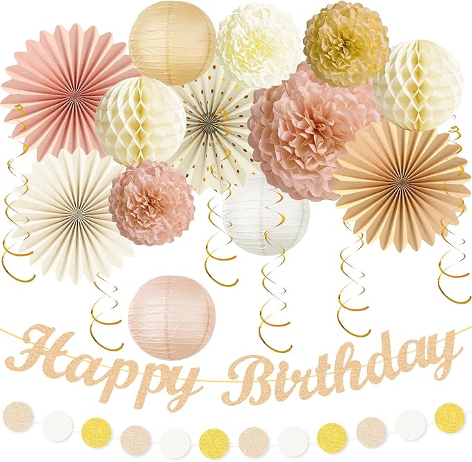 Champagne-Gold Beige Happy Birthday Decorations by Tonberless