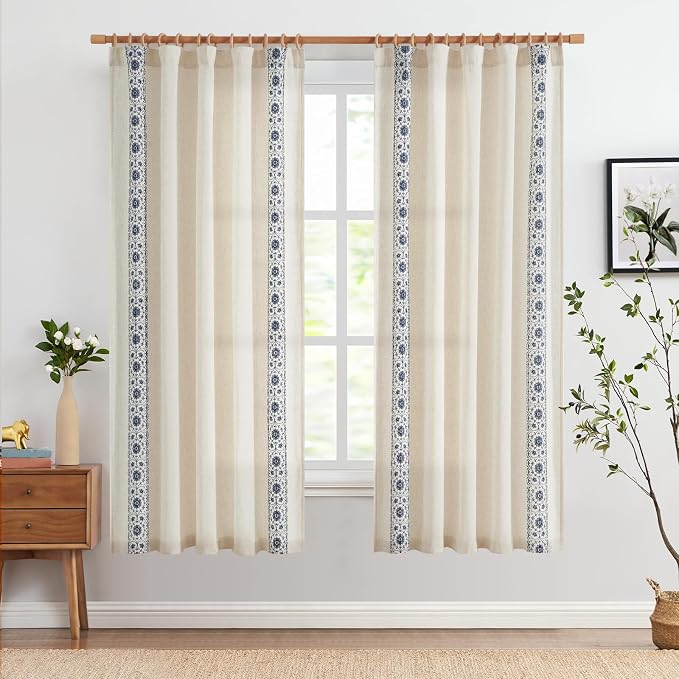 jinchan Floral Linen Curtains Embroidered Back Tab 50x72in 2 Panels Blue | - Image 3