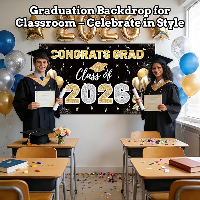 STARSIDE 2026 Graduation Backdrop 70.8x43.3 Inch Black Gold | Congrats Grad - Image 4