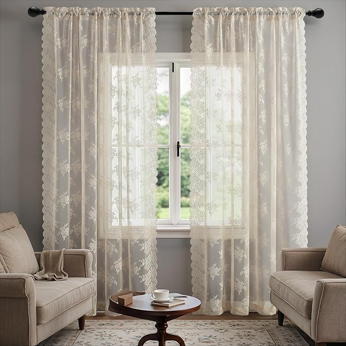 Kotile Beige Lace Curtains for Living Room Rustic Floral 52x92 Inch 2-Panel | - Image 6