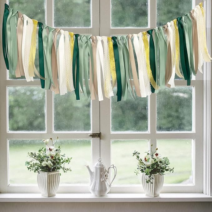 ANSOMO Sage Green Ribbon Felt Ball Garland Fabric Pom Pom Banner | Tan Brown - Image 6