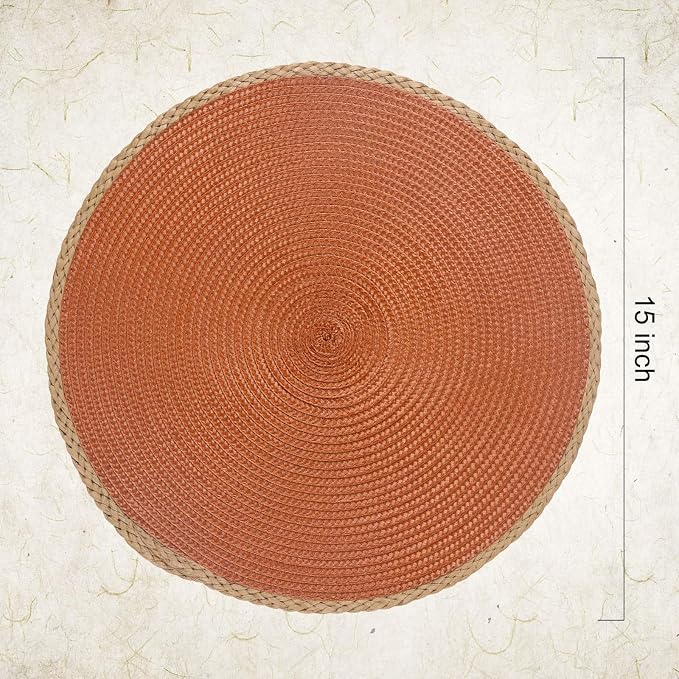 Round Placemats Set of 8, Woven Table Mats, Thin Edge, Dark Orange | Braided - Image 2