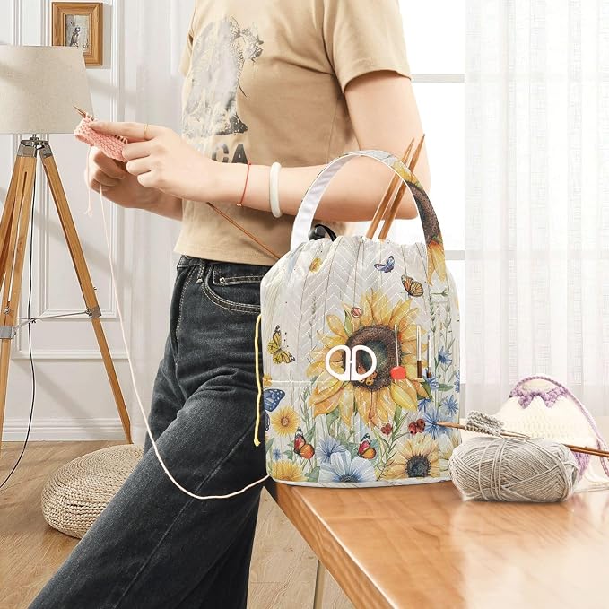 Watercolor Cornflower Sunflower Yarn Bag Small Crochet Bag Drawstring Yarn - Image 6