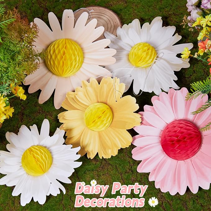 SUNBEAUTY Daisy Flower Hanging Decoration 9Pcs Pink and Yellow Daisy Honeycomb - Image 5