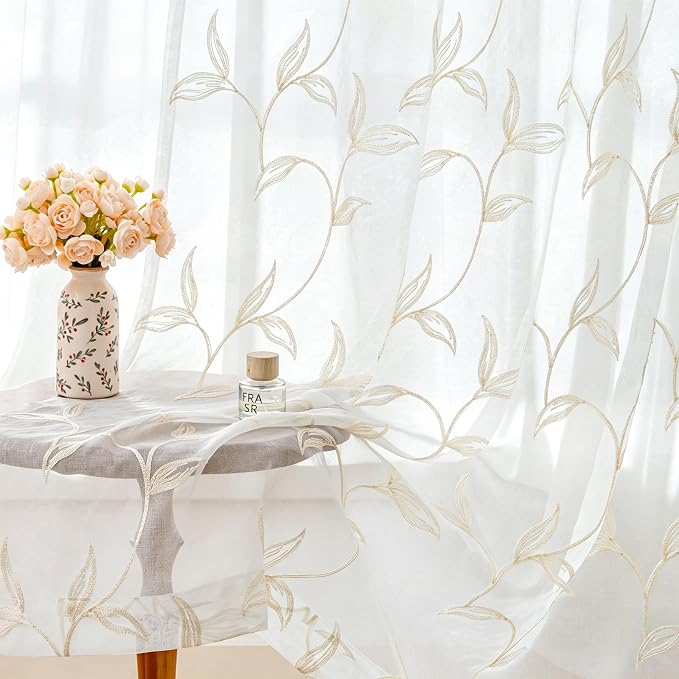 Sheer Curtains Boho Leaf Floral Embroidered Cream Beige 54Wx90L | Light by VISIONTEX
