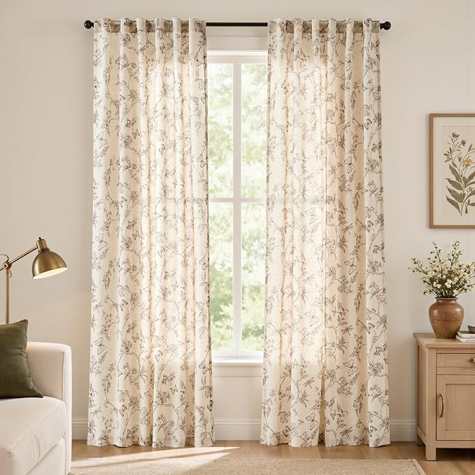 Taupe Floral Linen Curtains Farmhouse Rod Pocket 50W X 90L 2 Panels | Charlotte - Image 2