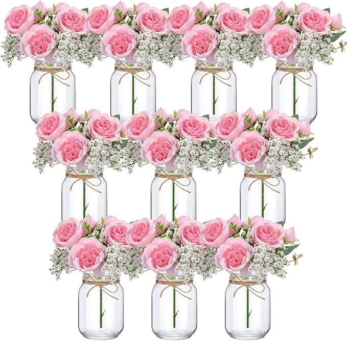XunYee 10 Set Mason Jars for Centerpieces, Dark Pink, Gypsophila | Mason Jar by XunYee