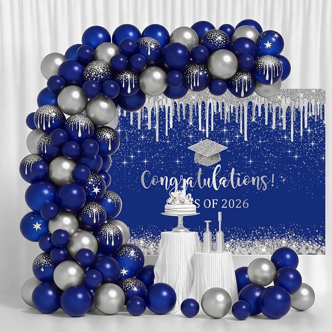 Mocsicka Blue and Sliver Graduation Backdrop Congratulations Class of 2026 - Image 2