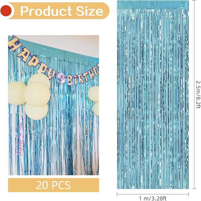20 Pack Light Blue Foil Fringe Curtains 3.2ft x 8.2ft Fringe Backdrop Curtain - Image 3