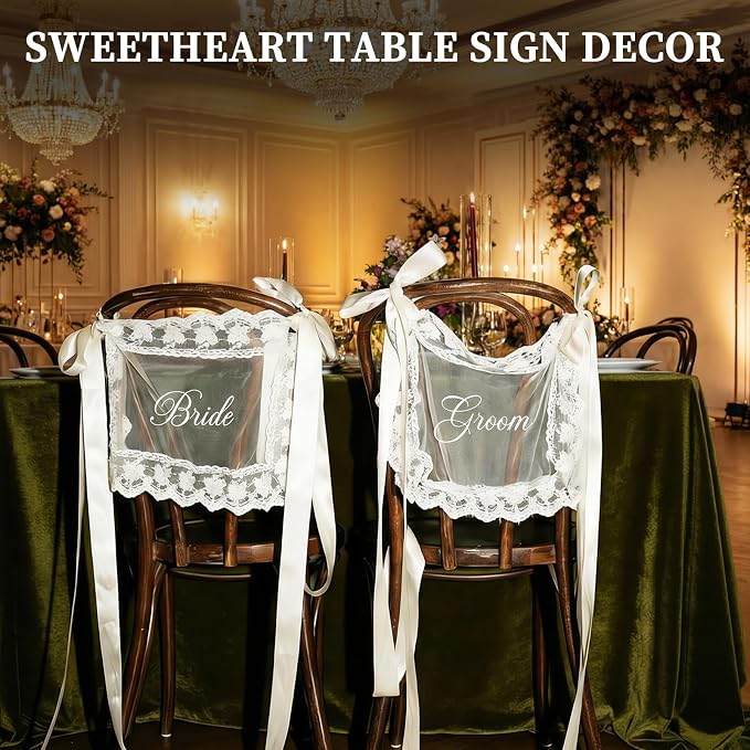 Bride & Groom Chair Signs for Wedding Sweetheart Table Decor Set of 2 | Sheer - Image 3
