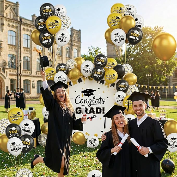 Black Gold Graduation Balloons, 12 Inch Metallic Gold and Black Graduation - Image 4