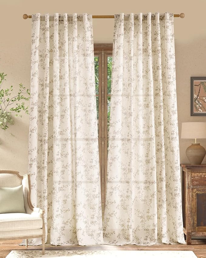 jinchan Taupe Floral Linen Curtains 108 Inch Extra Long Back Tab 2 Panels | by JINCHAN