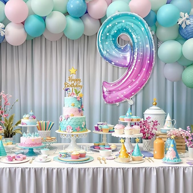Number 9 Foil Balloon with Crown, 40-Inch Gradient | Gradient star print number - Image 3
