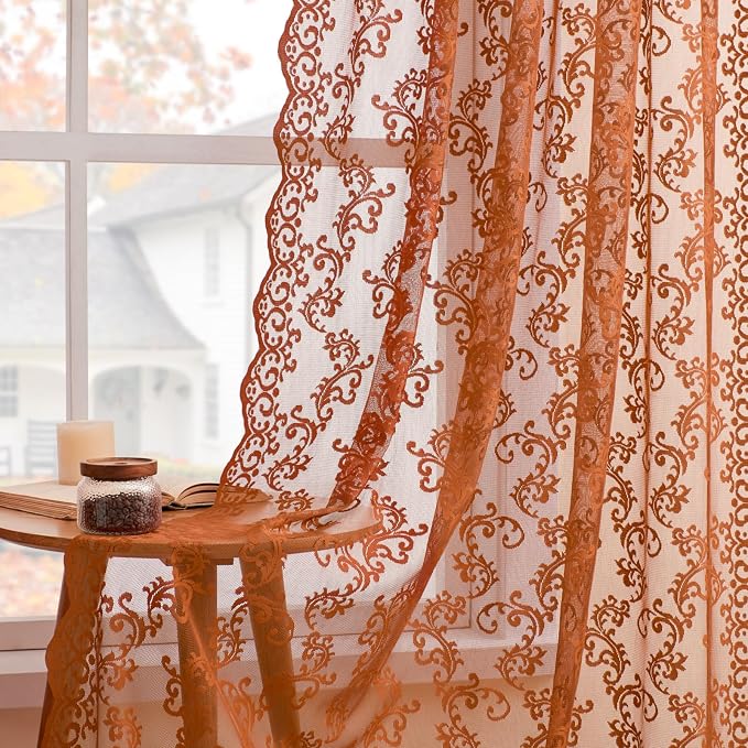 Brunt Orange Lace Curtains 45 Inch Length by FOLKSIDEHomeDecoration
