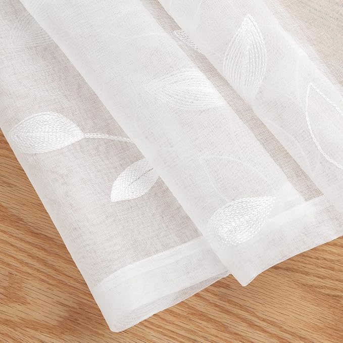 HOMEIDEAS White Sheer Kitchen Curtains 30 X 24 Inch Length 2 Panels Embroidered - Image 3