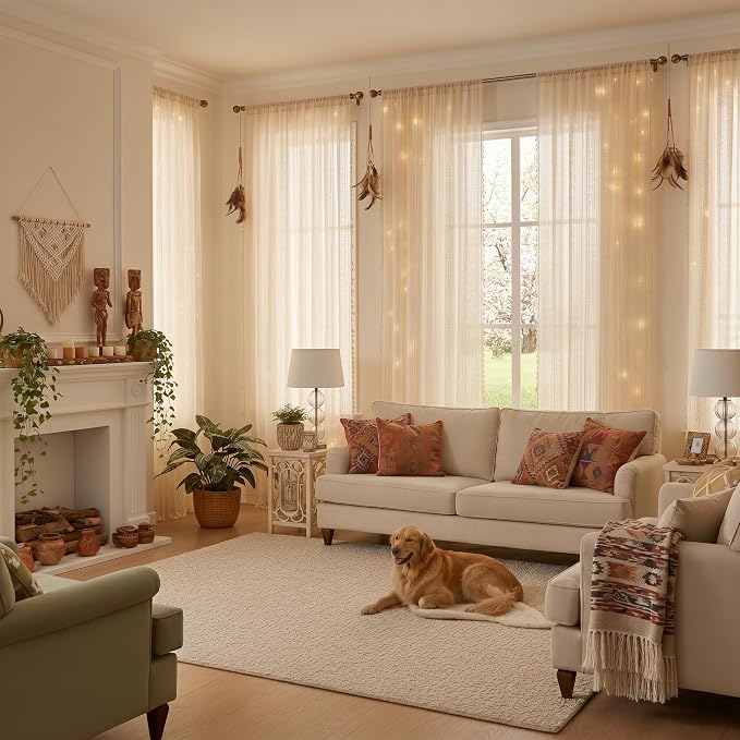 WAZZIO Boho Lace Curtains 102 Inch 2 Panel, Light Filtering Privacy Tassel & - Image 3