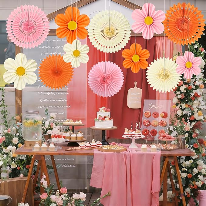 ADLKGG Orange Pink Floral Wall Backdrop, Groovy Sunset Party Decorations | 12 - Image 6