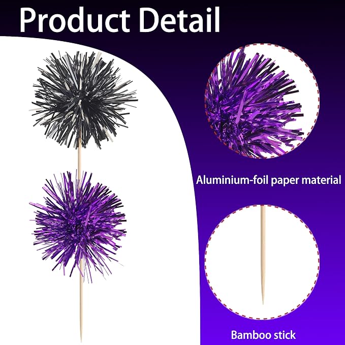 40 PCS Foil Firework Cupcake Toppers Sparkle Tinsel Cupcake Picks Fireworks - Image 3