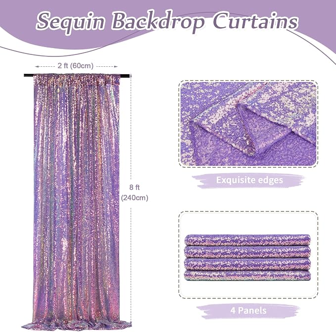 Sequin Backdrop Mermaid Purple 4 Pieces 2FTx8FT Shimmer Birthday Baby Shower - Image 3
