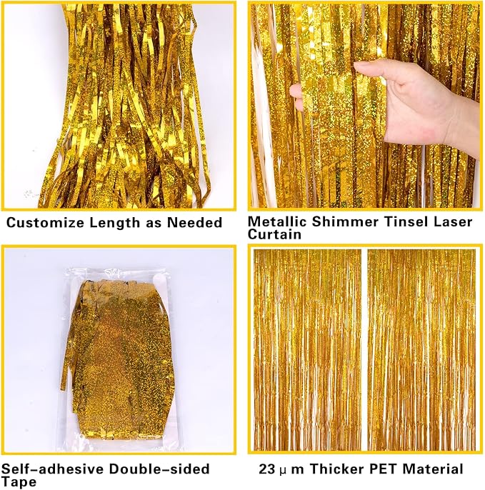 2 Pack 3.2ft x 8.2ft Gold Metallic Foil Curtains, Big Laser Glitter Fringe Rain - Image 5