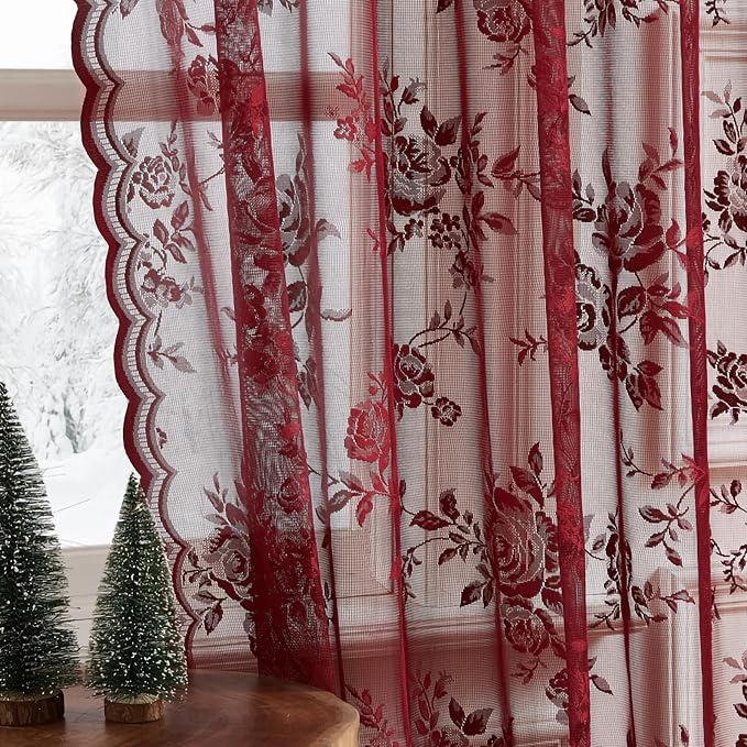 Burgundy Lace Curtains 96 Inches Long Modern Wine Red Floral Curtains - Image 4