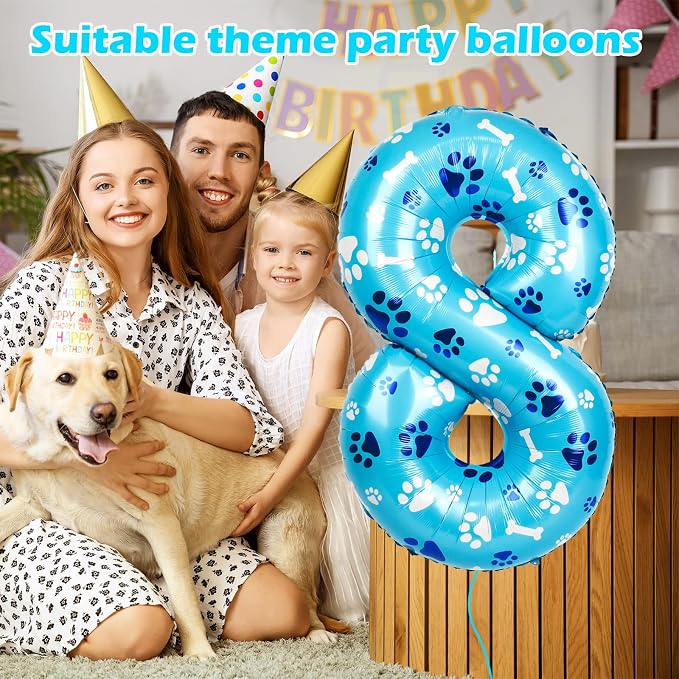 40 Inch Blue Dog Paw Birthday Balloons, Number 8 Balloons - Image 3