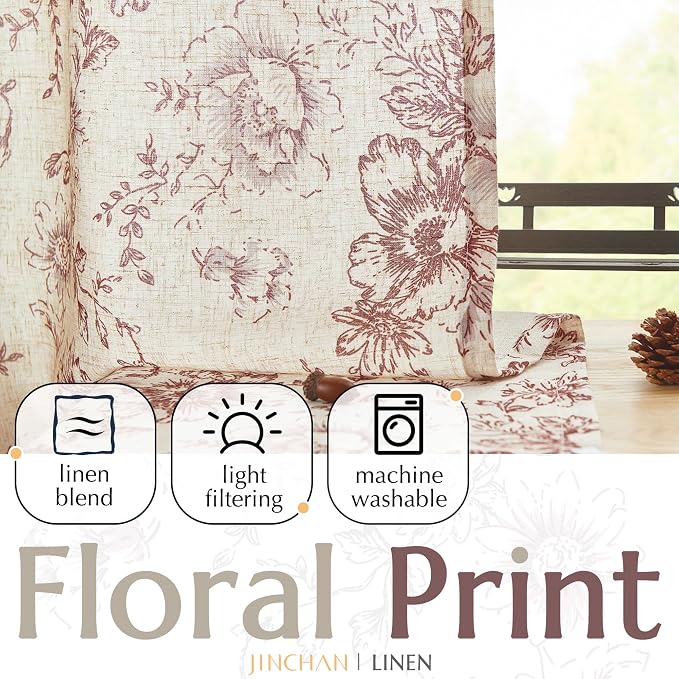 jinchan Red Floral Linen Curtains 54 Inch Vintage Back Tab 2 Panels | Light - Image 5