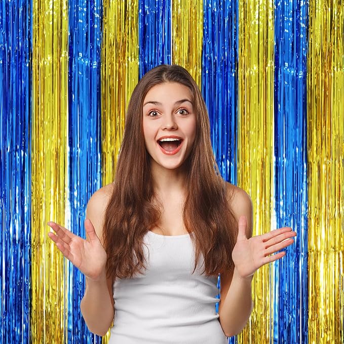 Voircoloria Blue Gold Foil Fringe Backdrop Curtains, 2 Pack | Tinsel Streamers - Image 6